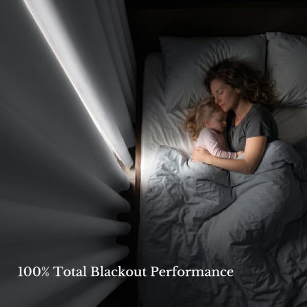 100 % mörkläggande gardiner — Gardiner med termisk isolering och svart foder (vit, set om 2, bredd 52 tum per panel)