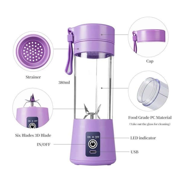 Mini sekoitin kannettava - SONGHUI - 380 ml - 6 terää 3D - USB-akku 2000 mAh - Violetti