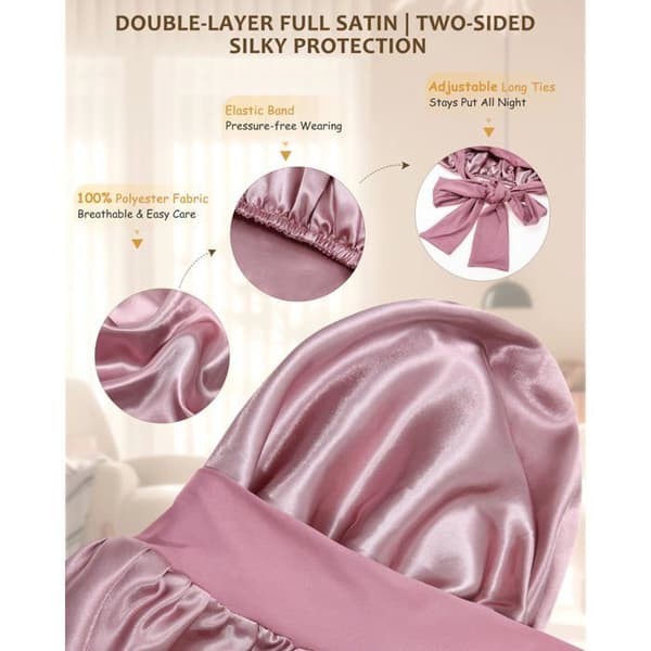 Nattehue - SONGHUI - Lang satin dobbelt tykkelse - Justerbar snor - Til langt hår - Lys rosa