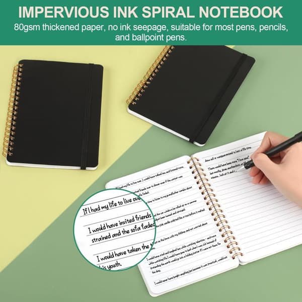Sæt med 3 små spiralbundne notesbøger (5 x 7 tommer) – Sorte spiralnotater med elastisk lukning (60 ark hver)