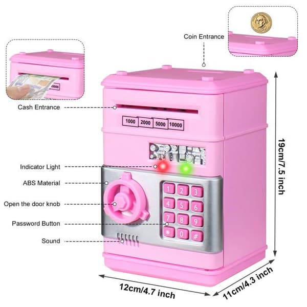 Spargris - SONGHUI - Mini pengeskab med kode - 4 cifre - Automatisk møntindkast - Rosa Ros