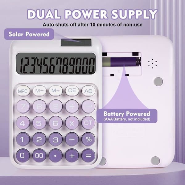 Kontorregner med store mekaniske taster - 12 cifre display, dobbelt strømforsyning solenergi og batteri (Lilla)