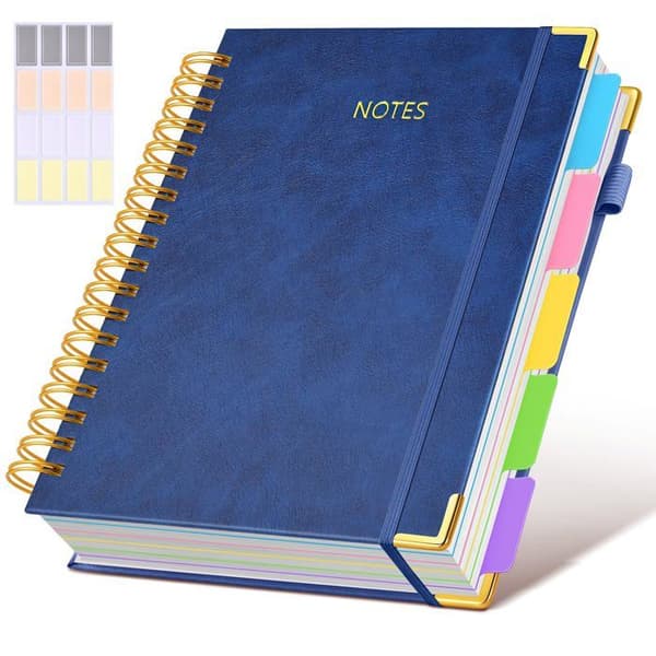 Hardcover spiral notebook, 300 pages, leather cover, 5 sections, large format 8 x 10 inches, navy blue