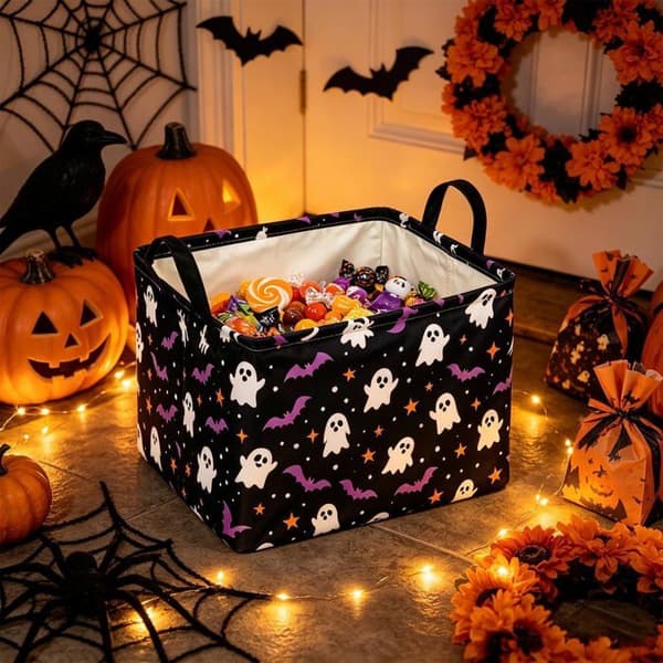 Foldbar opbevaringsboks til Halloween - [Sort med lilla flagermus]