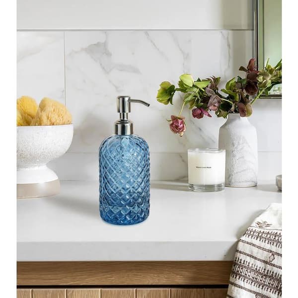 Glas tvålbehållare - SONGHUI - Mönster av ädelstenar - Mörkblå - 532 ml - Rostbeständig pump marinblå