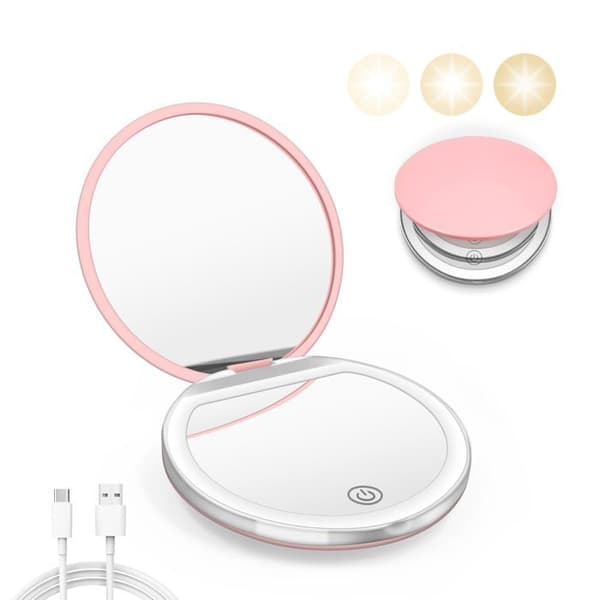 Bærbart lysende makeup-spejl, LED lomme-spejl med forstørrelse 1x/3x, ideelt til håndtasken eller lommen (Rosa)