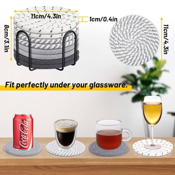 Sæt med 8 coasters (med opbevaringsholder) – 4 farver af absorberende coasters, enkelt sæt i vævet bomuld.
