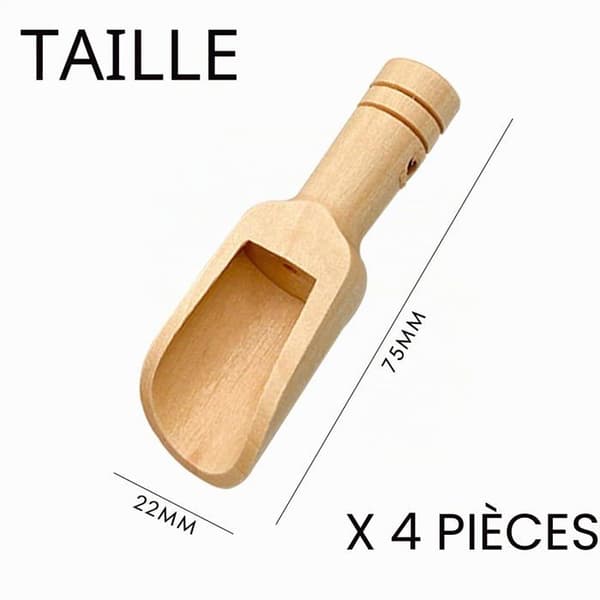 Ett set med 4 träskedar för badsalt - mini-skedar för koppar, socker och salt - återanvändbara för att äta.