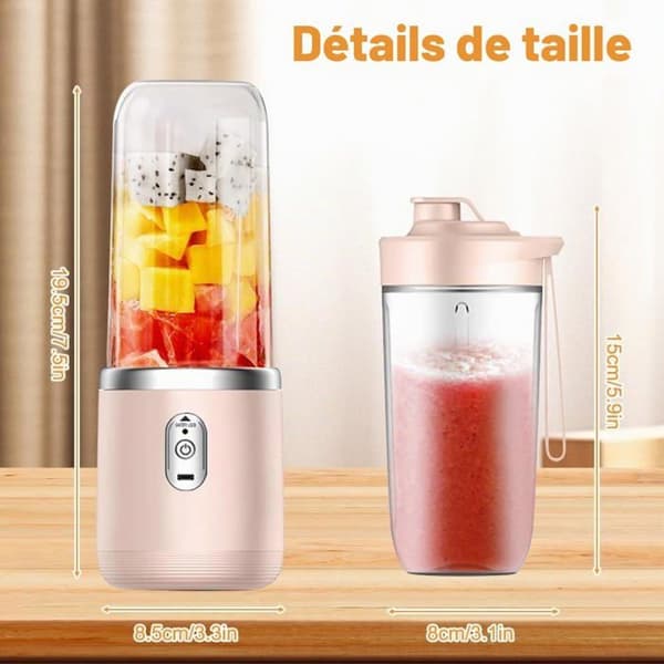 Blander bærbar - SONGHUI - 400 ml - Genopladelig 1500 mAh USB - 6 rustfrie stålblade - 21 000 omdr/min - Rosa