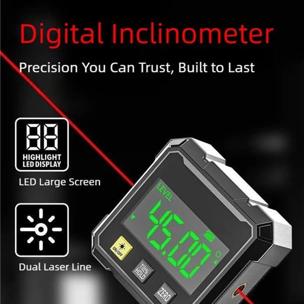 Niveau med Digital Boble og Laser – Elektronisk Inklinometer 0-360°, Baggrundsbelyst LCD Skærm, til Gør-Det-Selv og Byggeri
