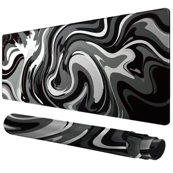 Stort skrivebord musemåtte – Syede kanter, skridsikker bund (sort-hvid abstrakt mønster, 60 x 30 cm)