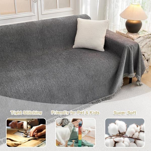 Sofaovertræk i chenille - SONGHUI - 71 x 118 tommer (2 pladser) - Med pomponer - Skridsikker - Vaskbar