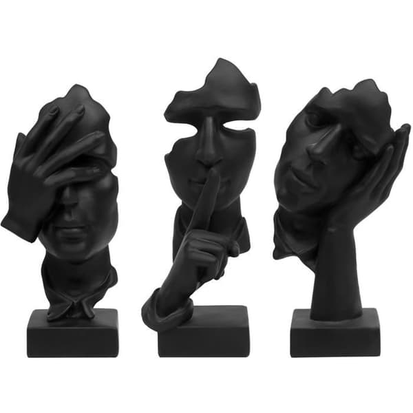 Sæt af 3 statuer "Tænker" – Dekorativt objekt i abstrakt kunst "Tavshed er guld" (Sort)