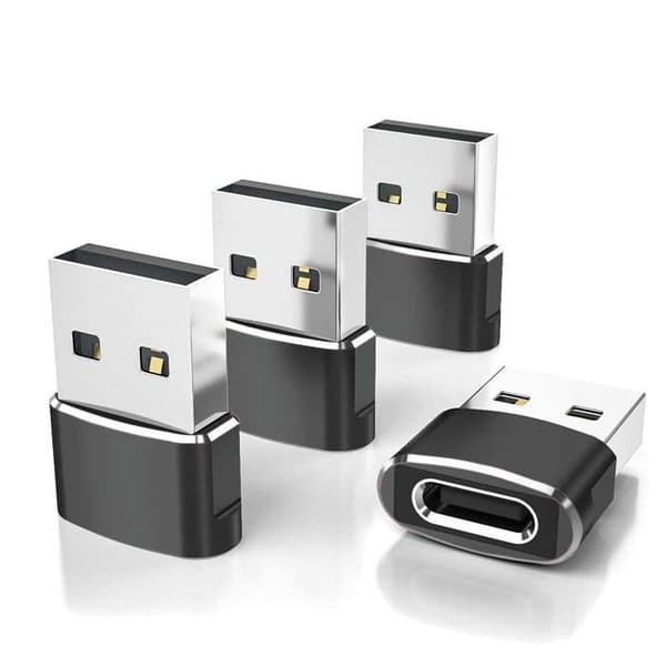 USB-A:sta USB-C:hen (4 kpl), USB-C-naaras USB-A-uros -latausadapteri/muunnin autoon.