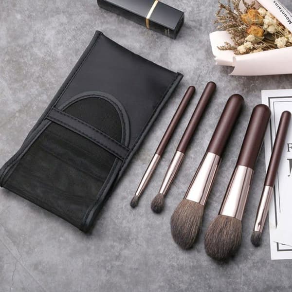 Rejse makeup penselsæt - Champagne Coffee - 5 dele - Ultra bløde gedde hår - Opbevaringspose Champagnekaffe