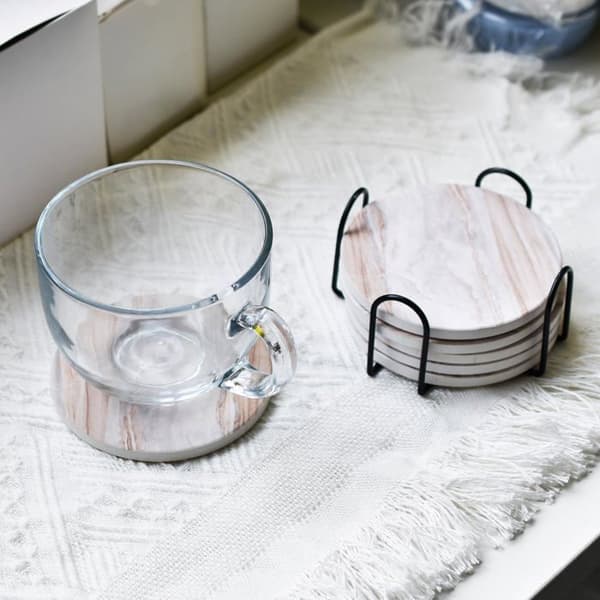 Sæt med 6 absorberende keramiske coasters med opbevaringsholder — Marmor mønster, 4 tommer
