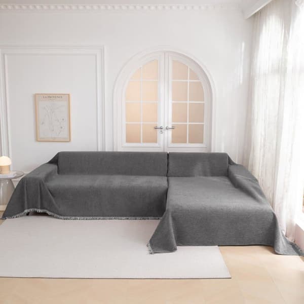 Sofaovertræk i chenille - SONGHUI - 71 x 118 tommer (2 pladser) - Med pomponer - Skridsikker - Vaskbar
