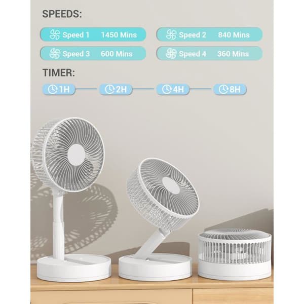 Bordsvifta med oscillation och portabel design, 8 tum (vit), 24 timmars batteritid; har 4 hastigheter.