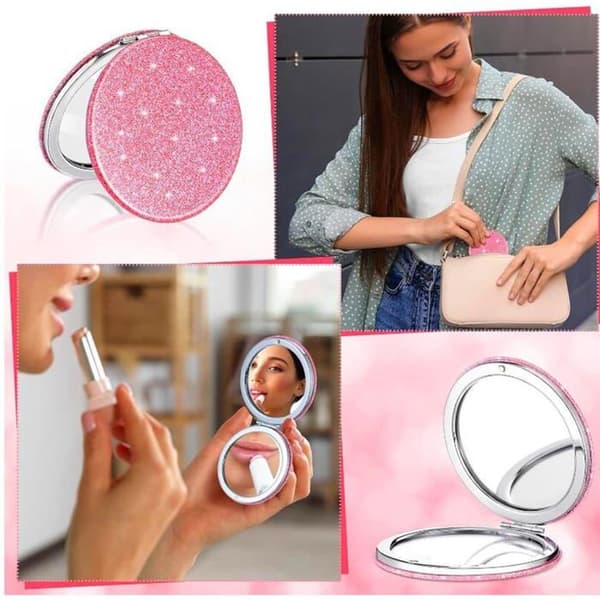 Smukt rosa og bærbart makeup-spejl til kvinder, kompakt rejsemirror med forstørrelse, foldbart spejl.