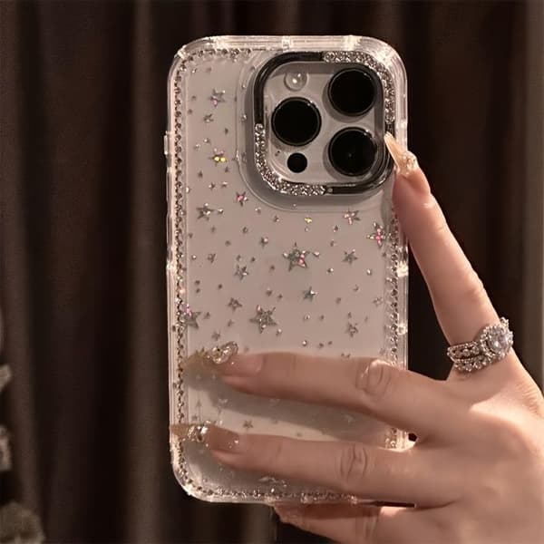 Ylellinen ja trendikäs puhelintasku, jossa on strasseja ja kimaltelevat kristallireunat — Yhteensopiva iPhone 17 Pro Maxin kanssa