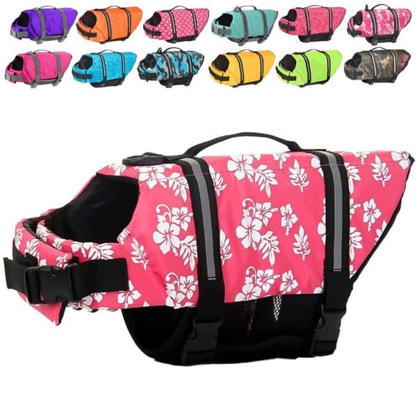 Redningsvest til hund, justerbar og reflekterende model, fremragende flydeevne (rosa blomsterdesign, størrelse M)