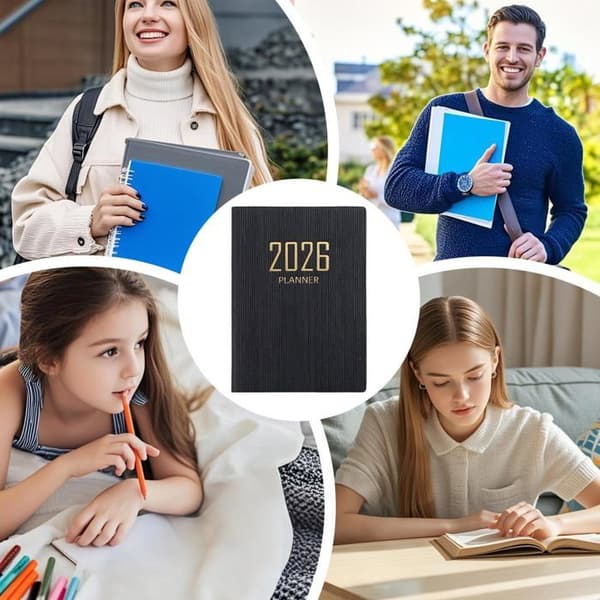 Miniature agenda 2026, tidsstyringsnotater, sort