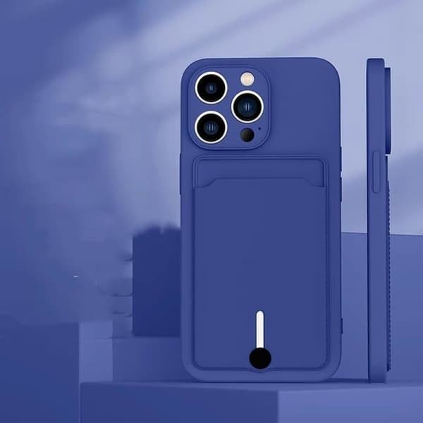 iPhone 15:n kuori, SIM-korttipaikalla, pehmeää silikonia, sininen