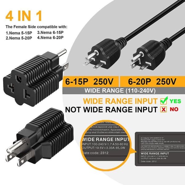 Adaptere 5-15P til 5-15R, 5-20R, 6-15R, 6-20R; 4-i-1 strømadapter; 15A 125V til 20A 250V adapter.