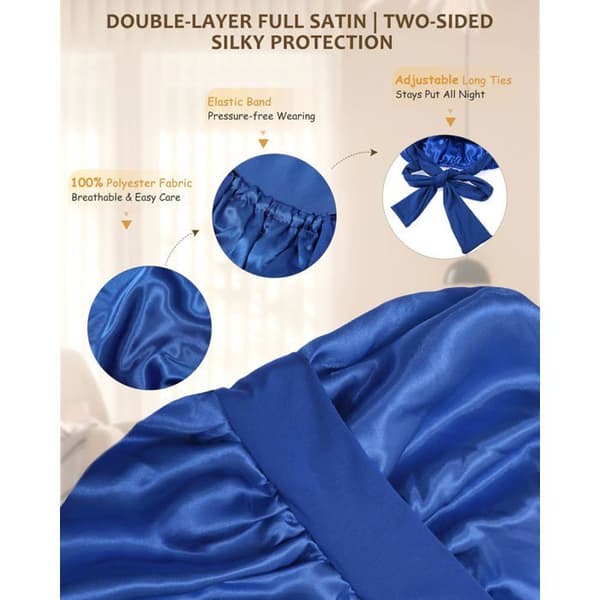 Nattehætte - SONGHUI - Lang dobbelt tykkelse - Satin polyester - Justerbare elastikker - Til langt hår (kongeblå)