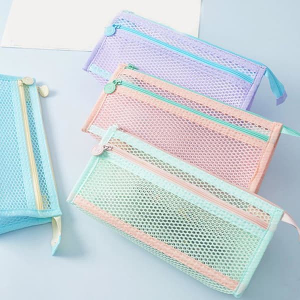 Pencilcase - SONGHUI - Stor kapacitet dobbelt lag - Gennemsigtig mesh - Rosa Ros