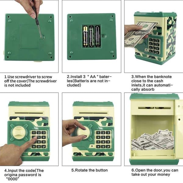Mini-elektronisk sparebøsse – Med automatisk indsættelse af sedler og kode-lås (Grøn camouflage)