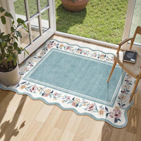 Køkkenteppe med blomsterdesign (ca. 60 x 90 cm), skridsikkert og vaskbart, velegnet til indgange, badeværelser og soveværelser (blå)