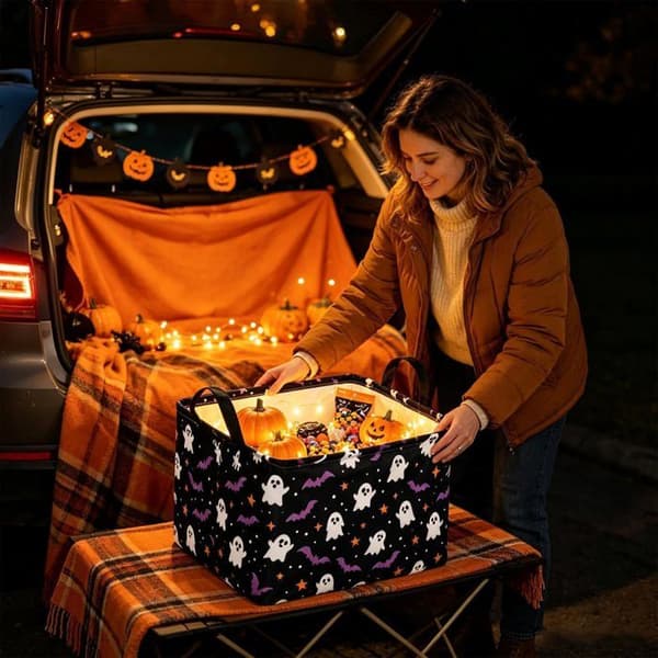 Foldbar opbevaringsboks til Halloween - [Sort med lilla flagermus]