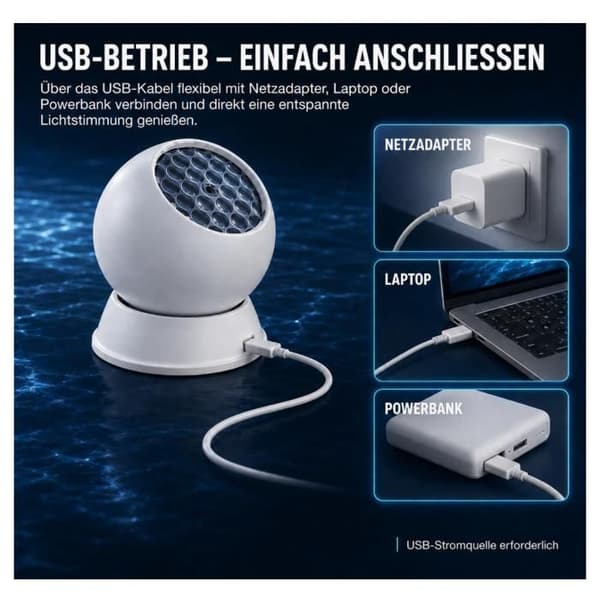 LED natlampe - 5D undervandsverden projektor - 360° rotation - genopladelig USB - bølgende effekt