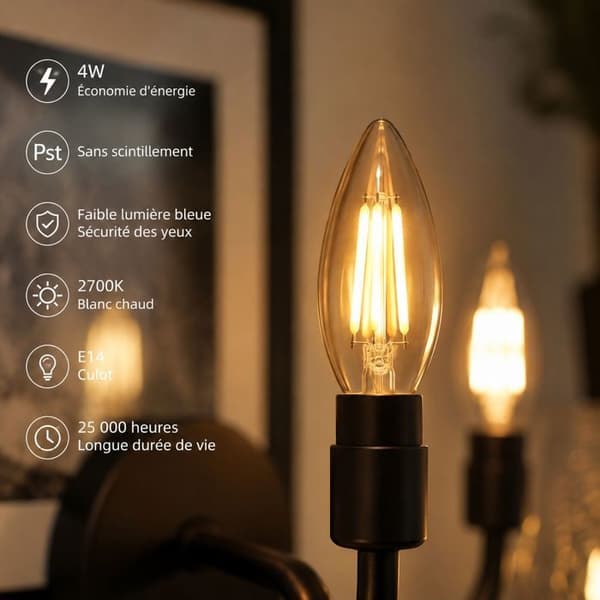 6ST Ampoule LED E14, Flamme Edison Retro, 4W 2700K, Tjock Glas Antibländning, För Vardagsrum Sovrum Kafé Bar Dekor, Amber