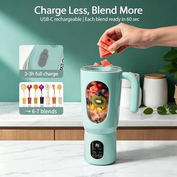 Bærbar blender - SONGHUI - 580 ml - 50 W - 12 rustfrie stålblade - USB-C genopladelig