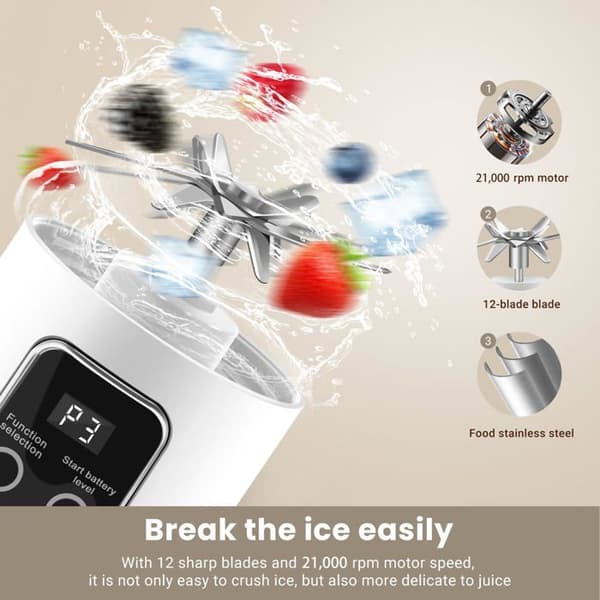 Bærbar smoothie mixer - SONGHUI - 500 ml - 12 rustfrie stålblade - 50 W - Genopladelig USB