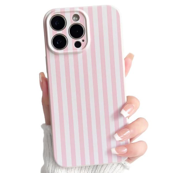 iPhone 15 Pro Max -kuori, kaunis värillinen raidallinen kuvio - vaaleanpunainen ja valkoinen.