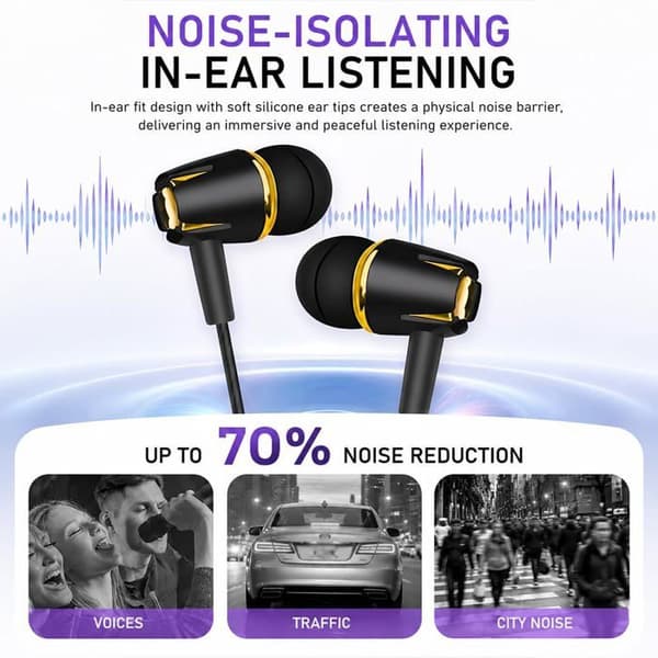 Kablede in-ear høretelefoner med støjreduktion, mikrofon og 3,5 mm jackstik.