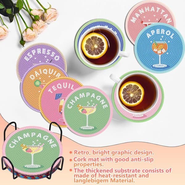 Sæt af coasters i Diamond Painting med cocktail-tema til voksne (sæt med 8 dele med holder)