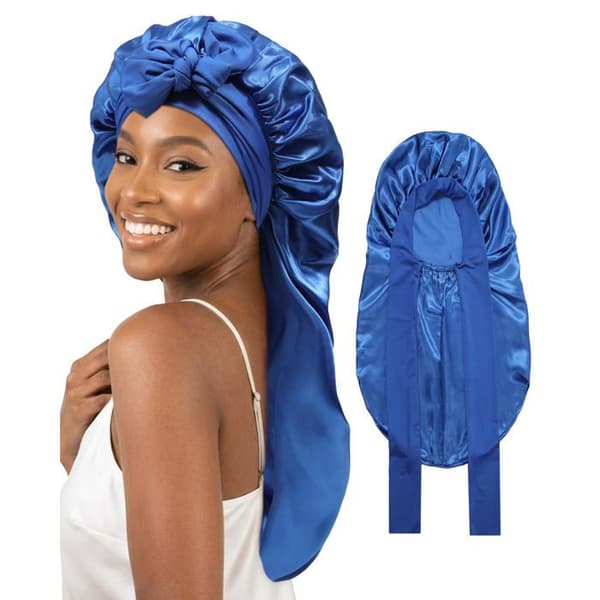 Nattehætte - SONGHUI - Lang dobbelt tykkelse - Satin polyester - Justerbare elastikker - Til langt hår (kongeblå)