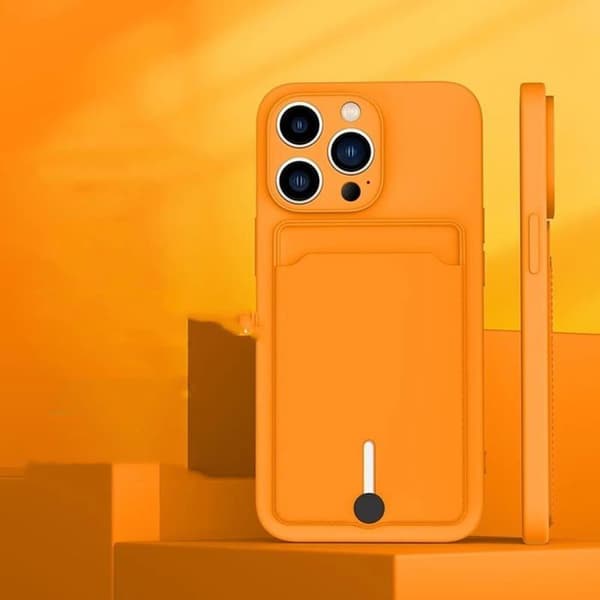 Telefonetui med kortplads til iPhone 15, blødt silikone kreditkortholder, orange.