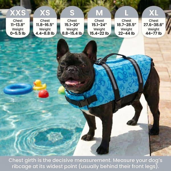 Flytväst för hund – Justerbar, reflekterande design, utmärkt flytkraft (blå benmönster, storlek M)
