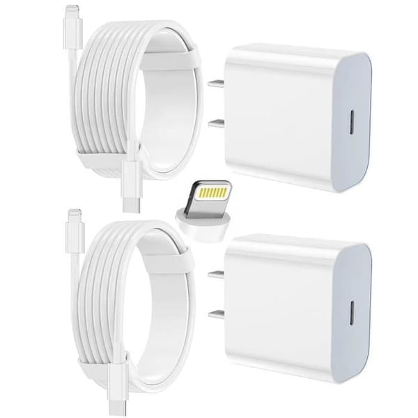 Hurtigopladningssæt til iPhone (sæt af 2): inkluderer to USB-C vægoplader og to lange USB-C til Lightning kabler.