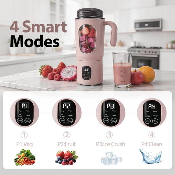 Bærbar smoothie mixer - SONGHUI - Beholder 580 ml - 50 W - 12 rustfrie stålblade - Genopladelig USB-C - Rosa