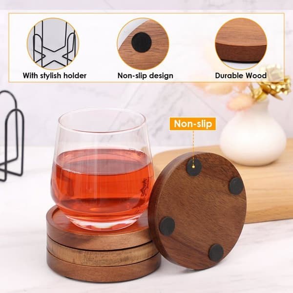 Sæt af coasters - SONGHUI - Sæt med 4 stk. - Massivt træ - Meget absorberende - Metalstøtte