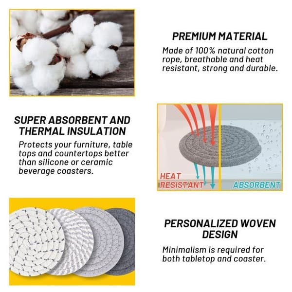 Sæt med 8 coasters (med opbevaringsholder) – 4 farver af absorberende coasters, enkelt sæt i vævet bomuld.