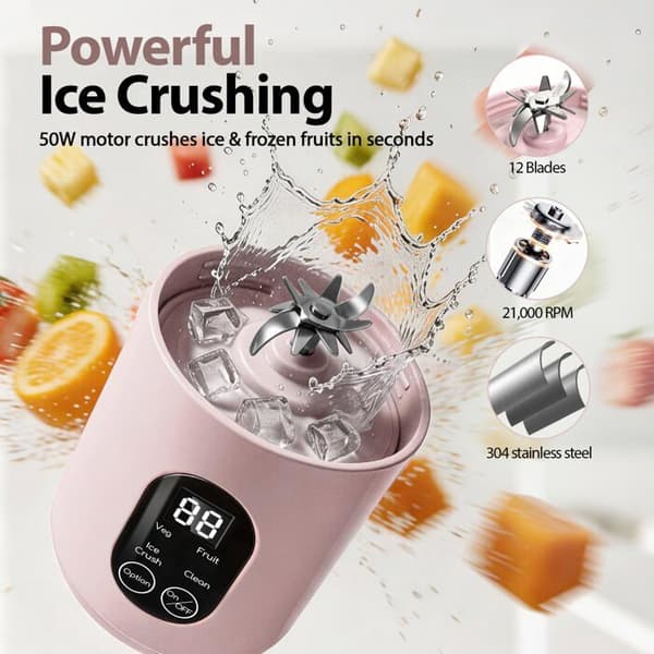 Bærbar smoothie mixer - SONGHUI - Beholder 580 ml - 50 W - 12 rustfrie stålblade - Genopladelig USB-C - Rosa