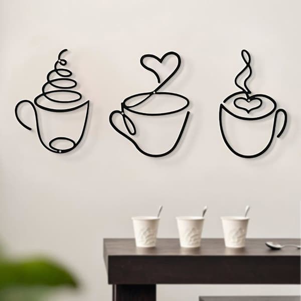 Vægdekoration - SONGHUI - Kaffekopper - Sæt med 3 størrelser - Sort rustfrit metal - Fastgørelse medfølger Svart