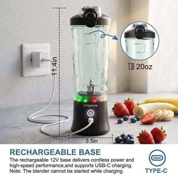 Bærbar blender - SONGHUI - Trådløs individuel blender - 600 ml - 6 blade - Sort